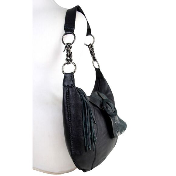Chi by Carlos Falchi BLACK GENUINE LEATHER AND SNAKESKIN SHOULDER BAG HOBO PURSE - Picture 2 of 11